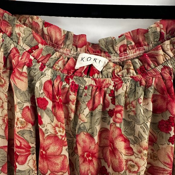 Kori Floral Women's Blouse Lined Gathered Waist Floral Pink Brown‎ Size L - Picture 3 of 6